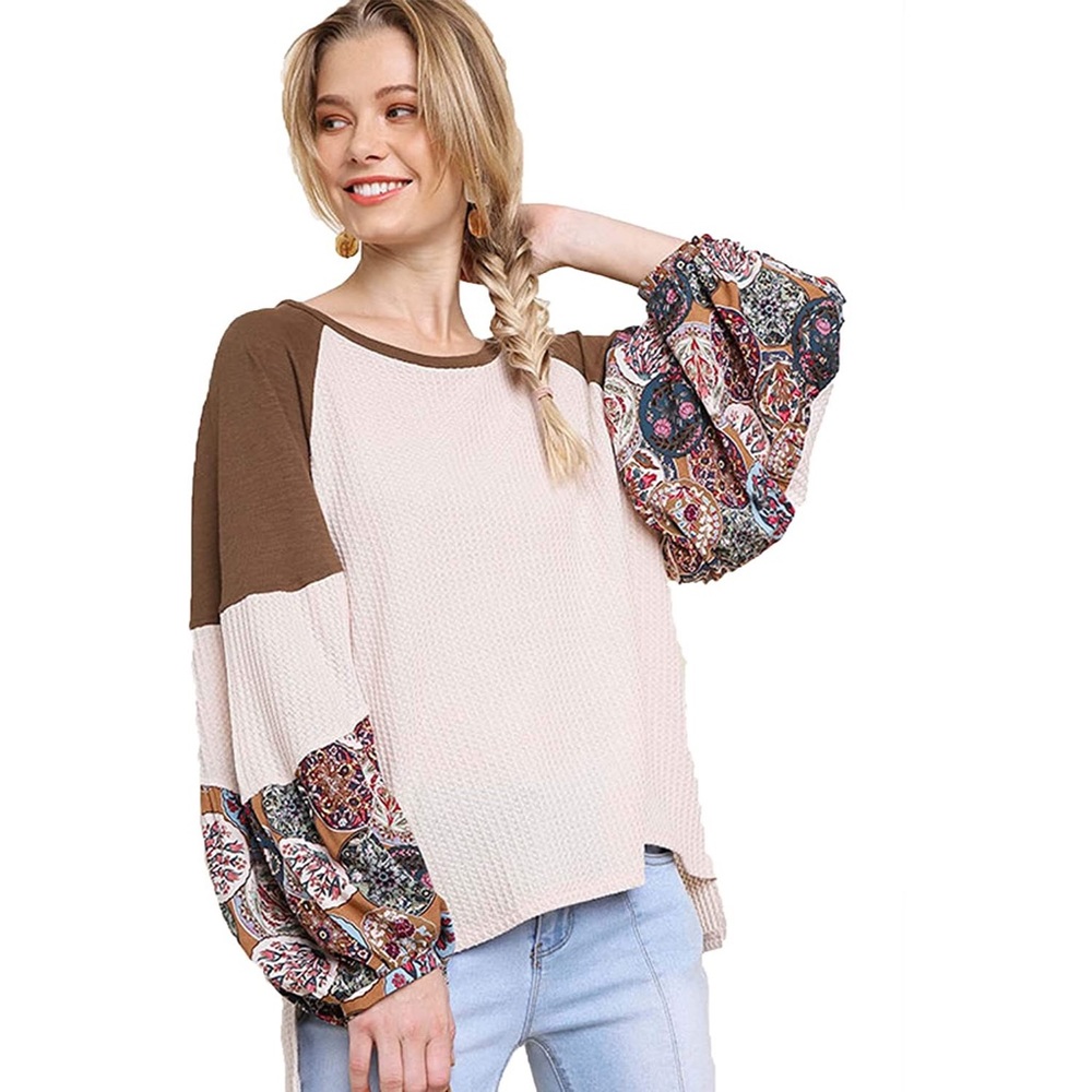 Umgee Waffle Knit Balloon Sleeve Paisley Hi-Low Hem Blouse Peasant Top